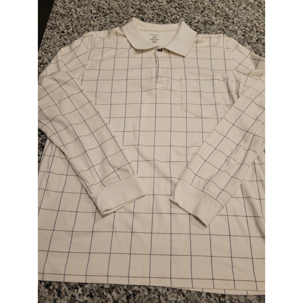 GEORGE Mens Long Sleeve Grid Plaid Polo Shirt Size‎ L